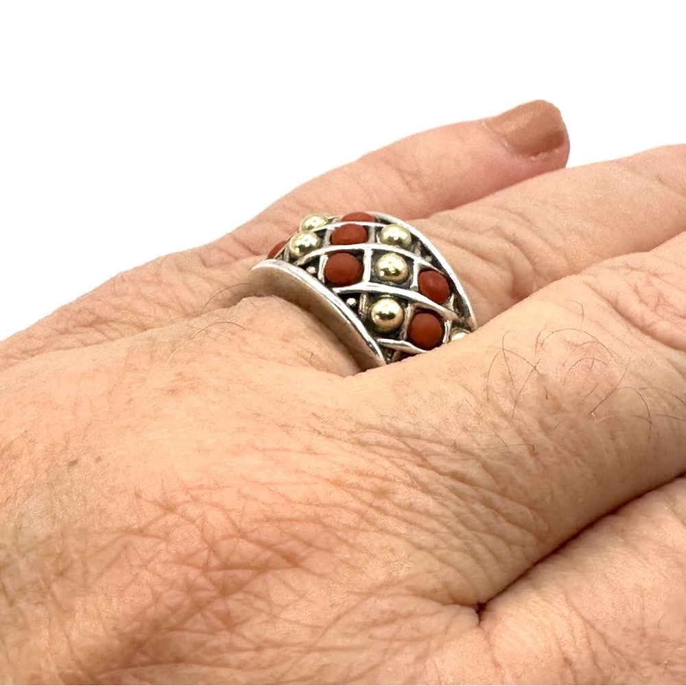 Lagos Caviar Coral Sterling Silver 18 Kt Gold Ring Size 7 RARE - Picture 8 of 9